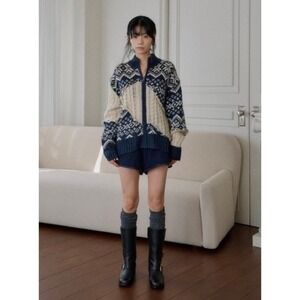 ZARA Cable Knit Jacquard Knit Cardigan Sweater Wool Blue Ivory Colorblock Small